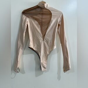 Mugler Nude Cutout Plunge Long-Sleeve Bodysuit